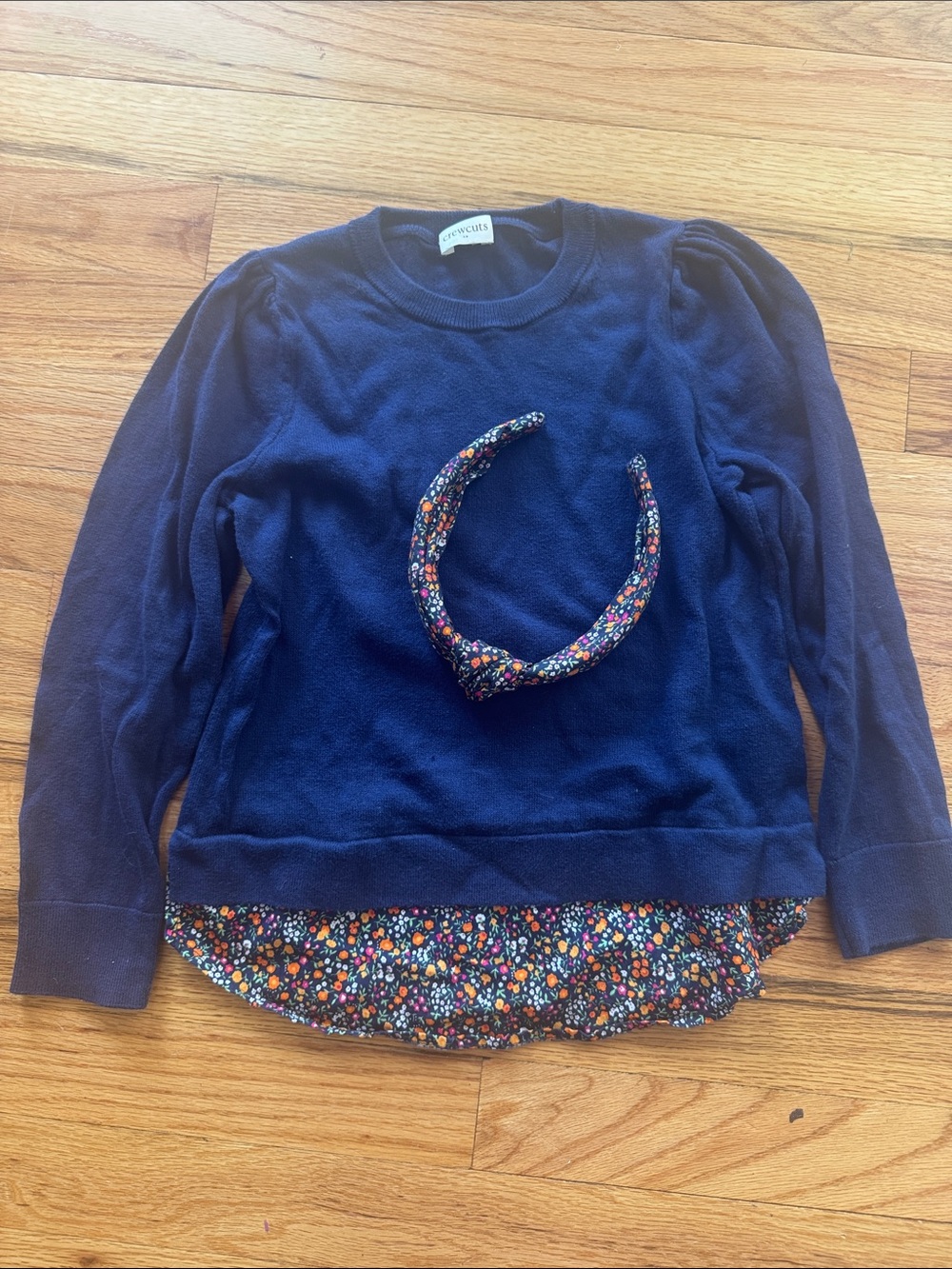 Crewcuts Navy Sweater with Floral Hem and Headband